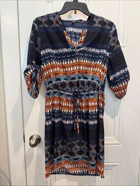 BeBop Navy, Light Blue & Orange Geometric Print Dress